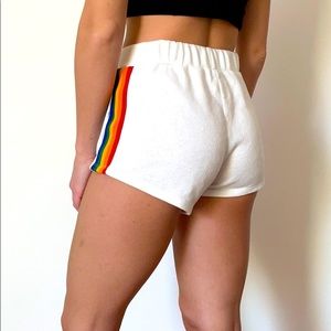70’s Retro Inspired White Rainbow-Trim Shorts
